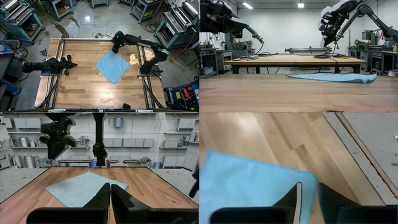 Room augmentation in four cameras: the wooden table, blue towel and robot are retained inside an edited industrial room.