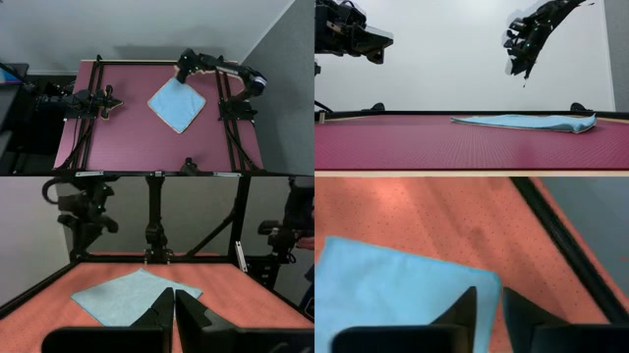 Table augmentation in four cameras: purple and reddish table surfaces surround the preserved blue towel and robot.